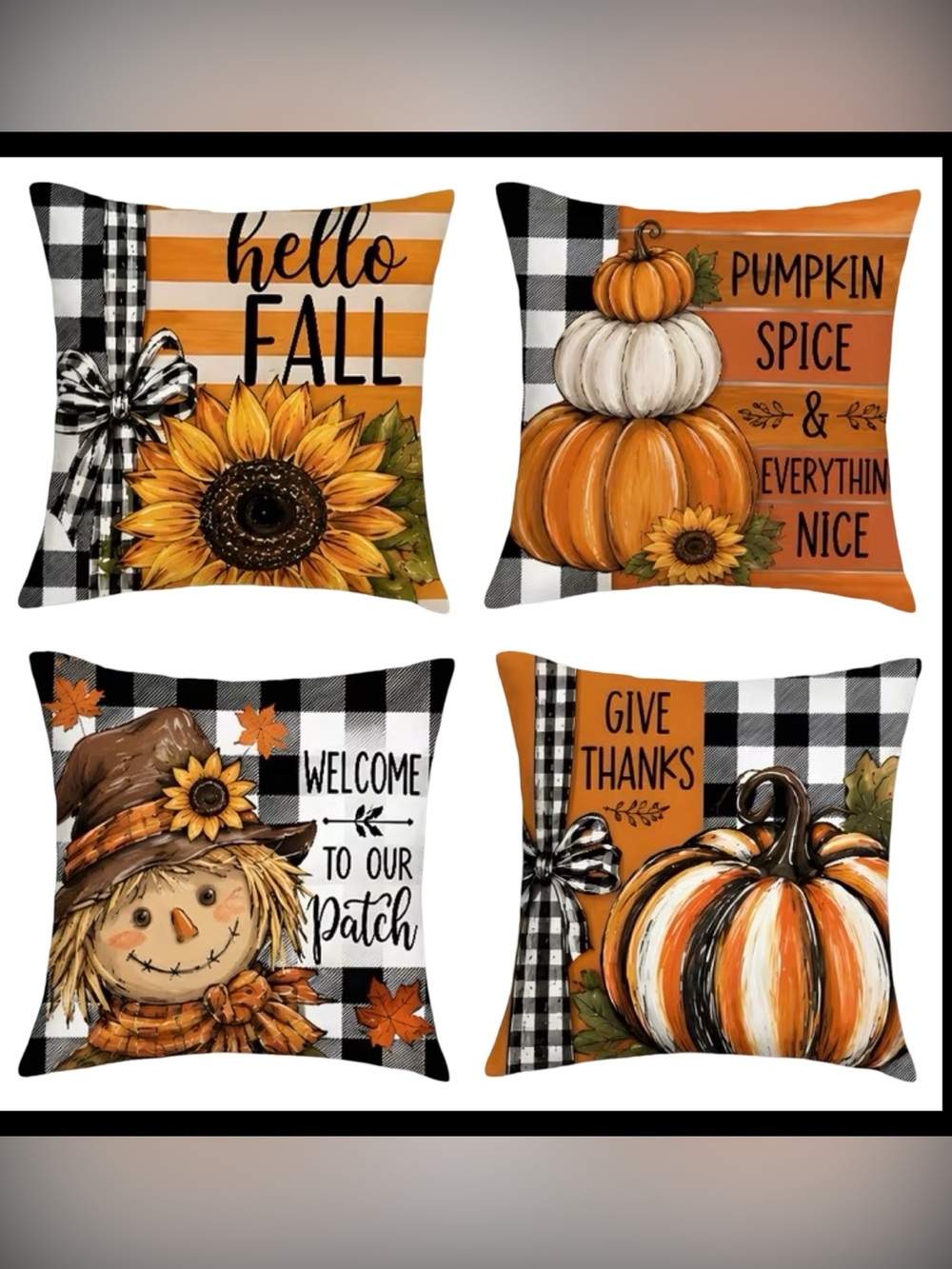 NWT- Hello Fall Orange Sunflower Decorative Throw Pillow Covers - Set of 4